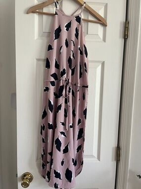 Loft Blush Pink Halter midi Dress with Black & White Leaf Print